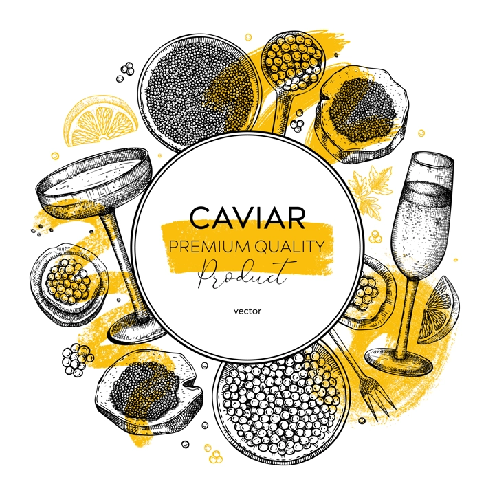 Collage-style seafood background. Caviar and champagne trendy wreath design. With hand drawn red caviar canape, canned black caviar, sparkling wine bottle, glasses sketches and abstract shapes